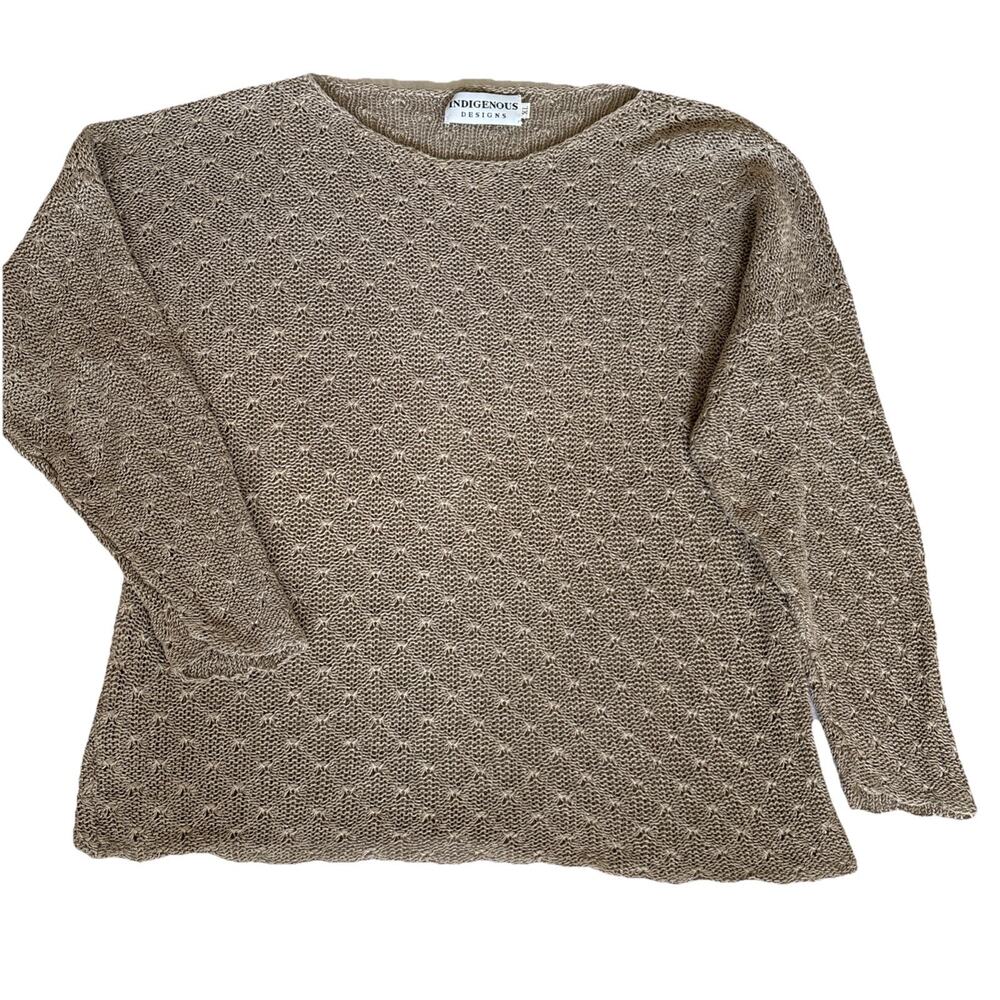 Indigenous Designs Open Weave Tan Sweater Sz XL Sustainable Boho Drop Shoulder